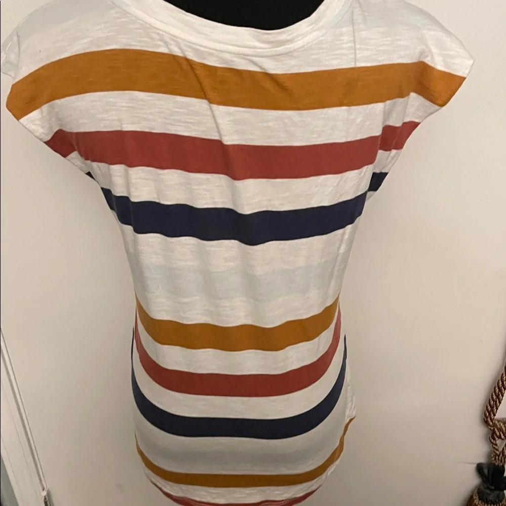 Striped V-Neck Short Sleeve Tee in White with Mustard, Rust & Navy - Picture 4 of 5